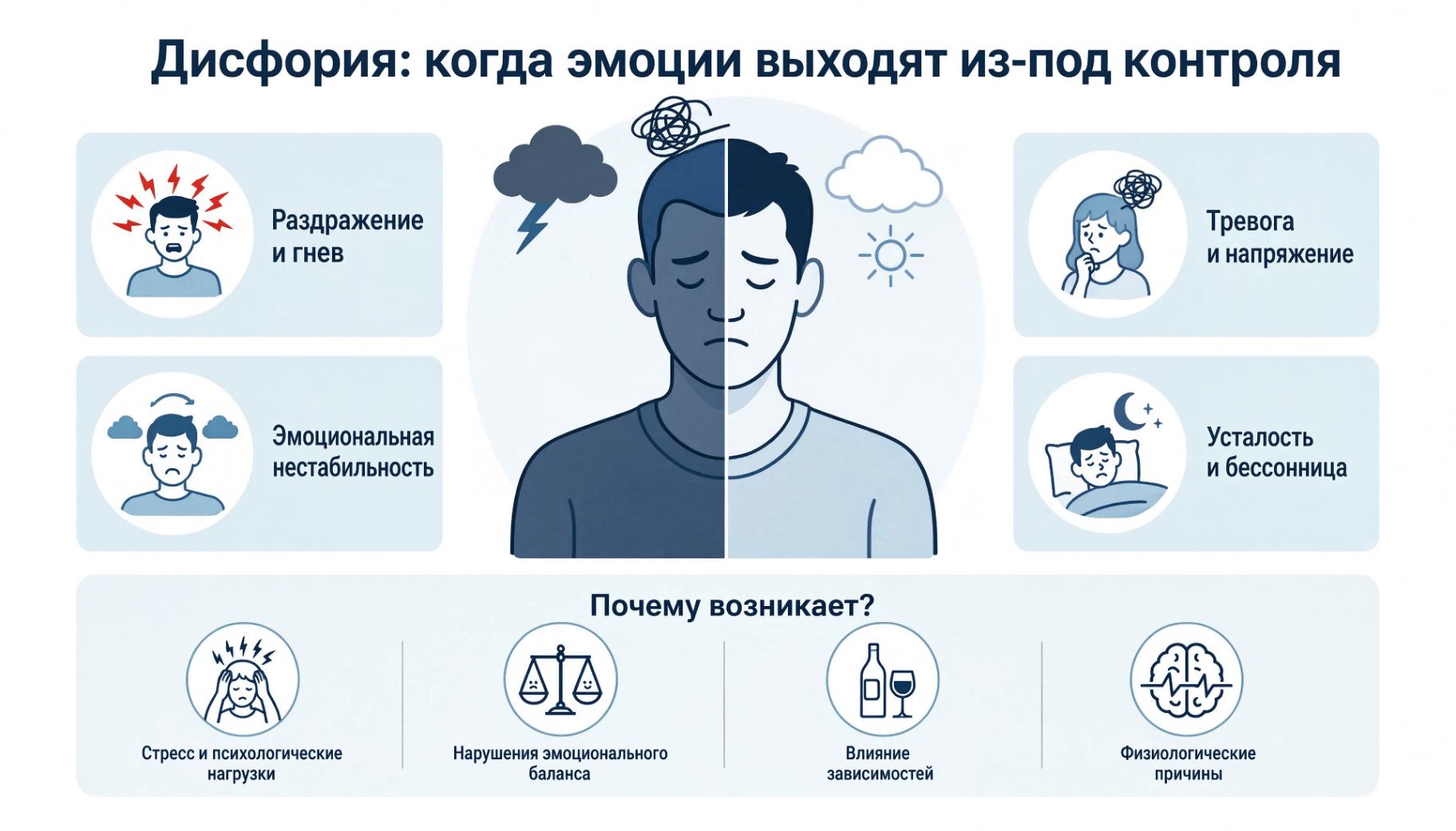Симптомы дисфорического состояния: раздражение, тревога, перепады настроения и эмоциональный дисбаланс